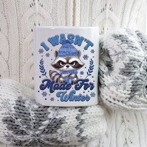 🦝 White Christmas Mug 11 oz - "I Wasn’t Made for Winter" (Blue Design)